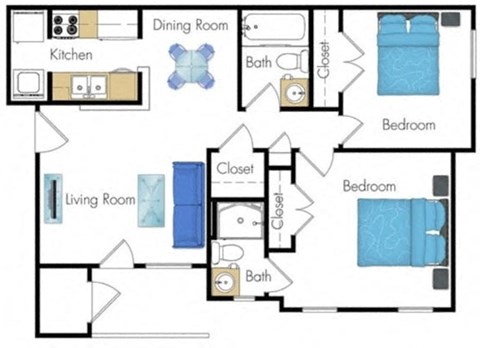 Floor plan for 2 beds, 2 baths, 975 sqft